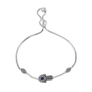 Silver 925 Rhodium Plated CZ Hamsa Hand Lariat Bracelet